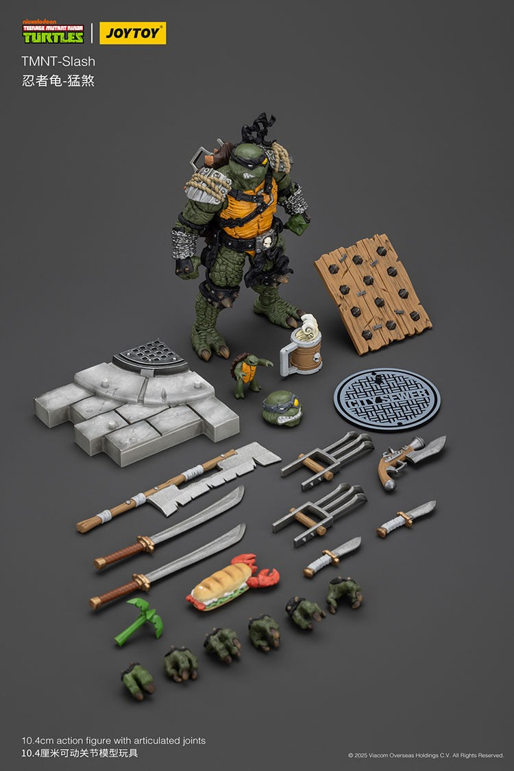 JoyToy TMNT Slash 1/18 scale action figure with weapons, food items, and display stand Box content