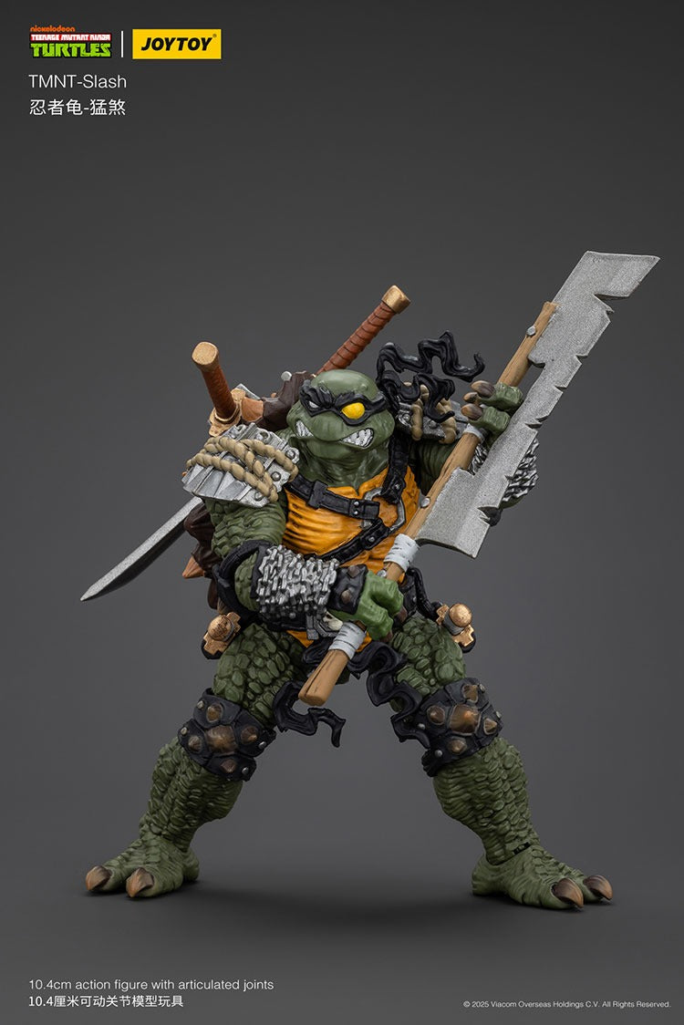 JoyToy TMNT Slash 1/18 scale action figure with weapons, food items, and display stand