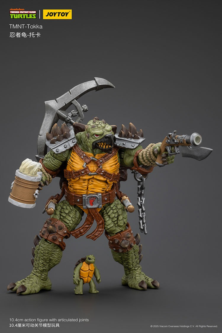 oyToy TMNT Tokka 1/18 scale action figure with weapons, accessories, and display stand