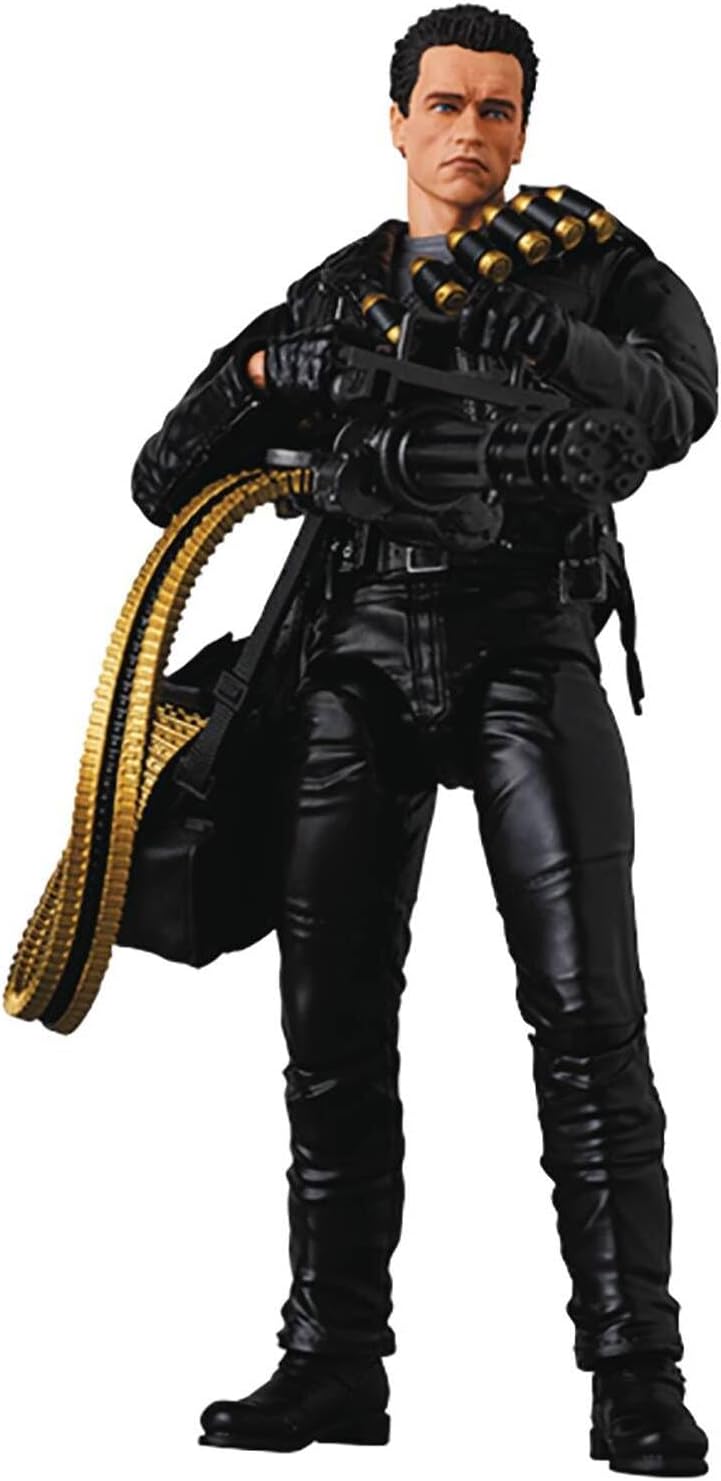 MAFEX T-800 Terminator 2 action figure with minigun, shotgun, and alternate heads β posed with sunglasses and ammo bag