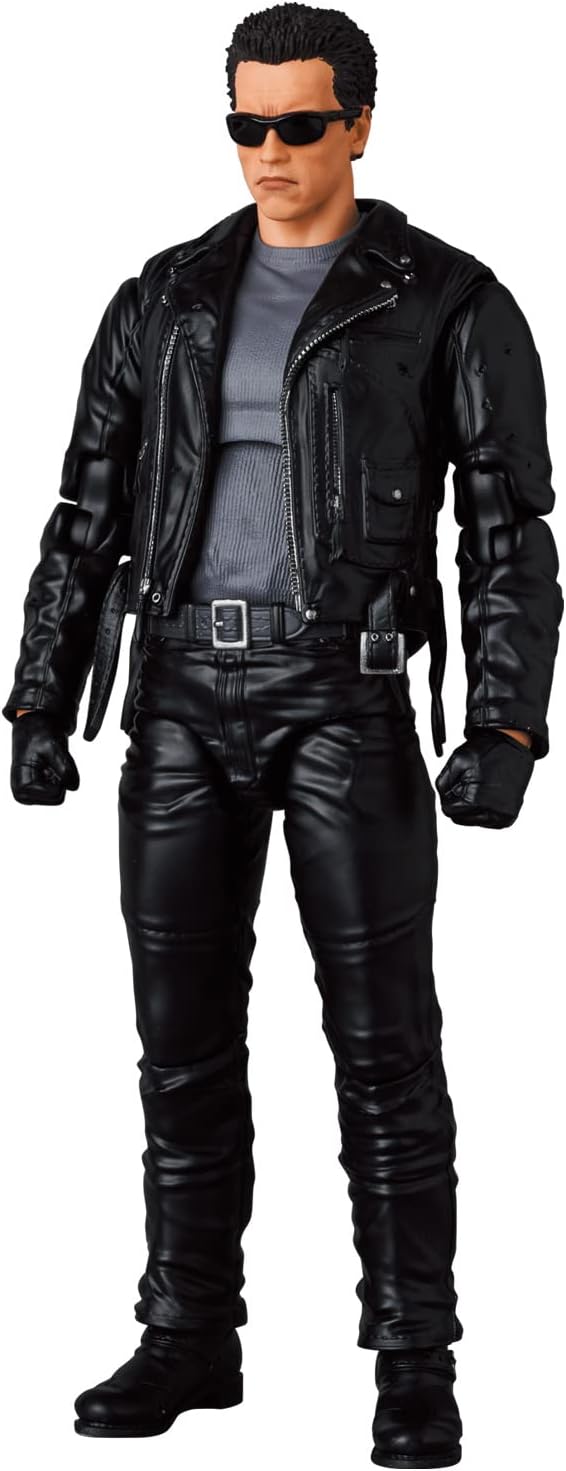MAFEX T-800 Terminator 2 action figure with minigun, shotgun, and alternate heads β posed with sunglasses and ammo bag