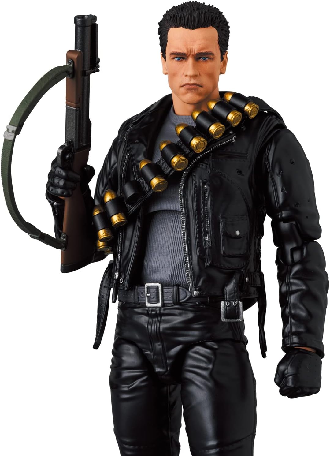 MAFEX T-800 Terminator 2 action figure with minigun, shotgun, and alternate heads β posed with sunglasses and ammo bag