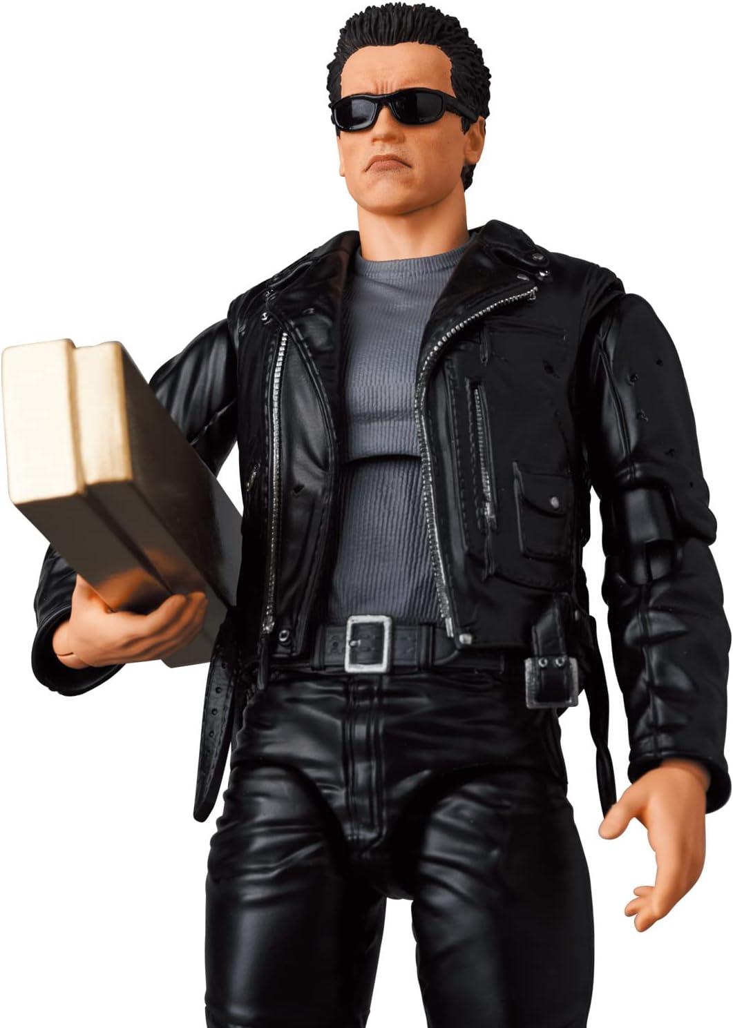 MAFEX T-800 Terminator 2 action figure with minigun, shotgun, and alternate heads β posed with sunglasses and ammo bag