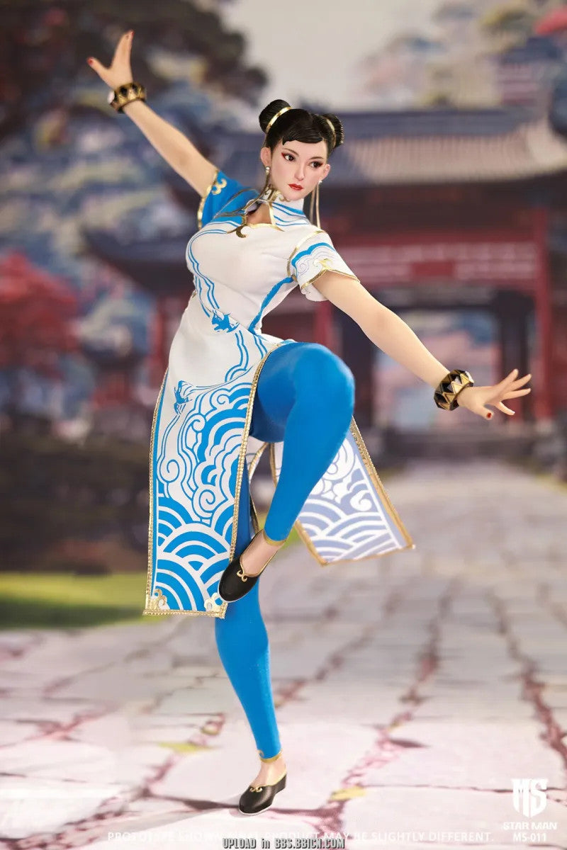 STAR Man MS-011 Street fighter Blue Chun li Version 1/6 Action Figure (Blue Cloud Patterned White Cheongsam Ver.)
