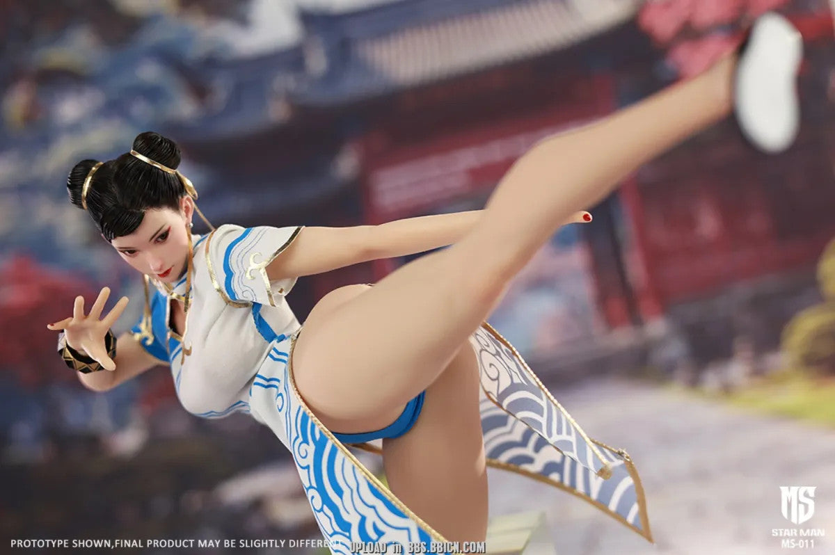 1/6 Female Fighter Chun-Li Blue Cloud Patterned White Cheongsam Version MS-011 by Star Man Studio pants off