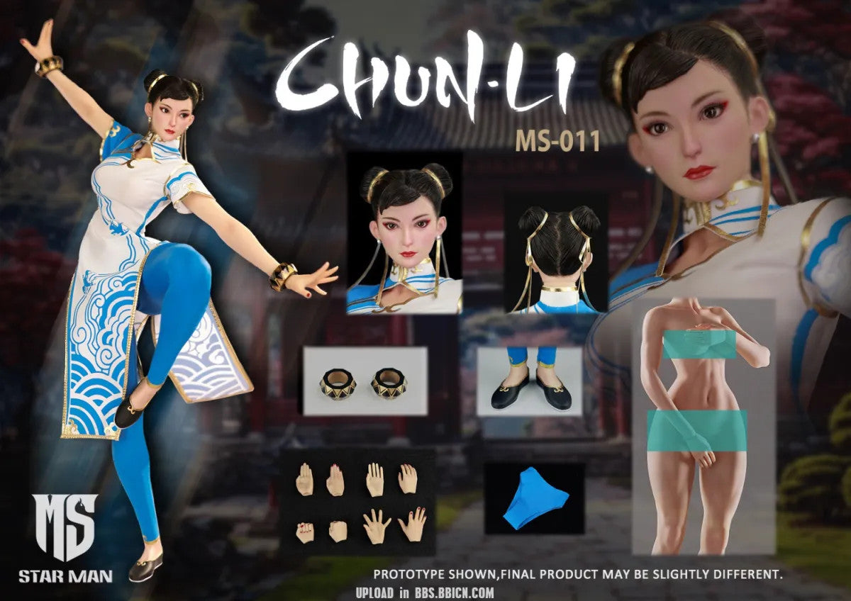 1/6 Female Fighter Chun-Li Blue Cloud Patterned White Cheongsam Version MS-011 by Star Man Studio Box content