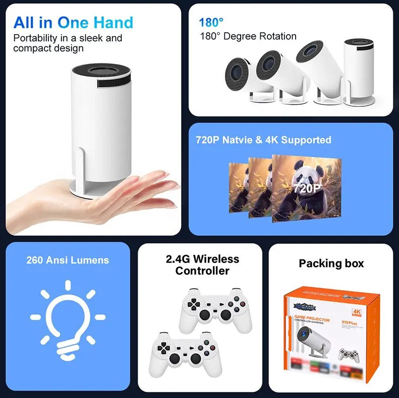 X10 Plus Game Projector Classic Retro Video Game Console 64GB 10000 Games LCD Potable Projector 4K