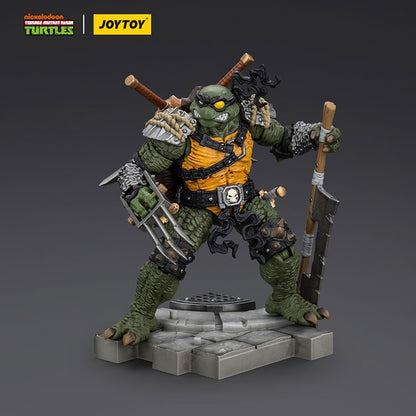JoyToy TMNT Slash 1/18 scale action figure with weapons, food items, and display stand