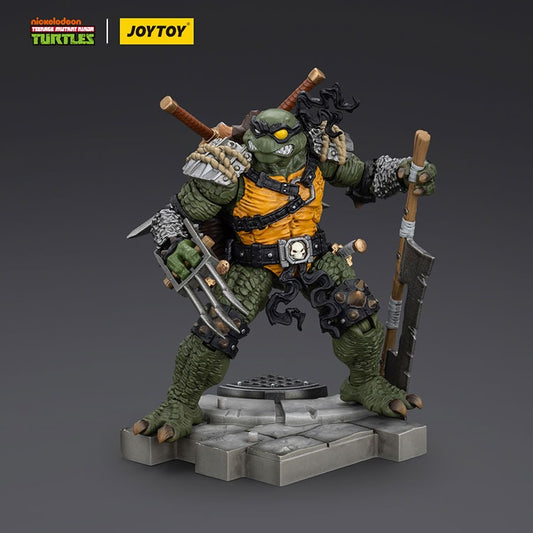 JoyToy TMNT Slash 1/18 scale action figure with weapons, food items, and display stand