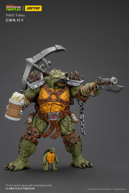oyToy TMNT Tokka 1/18 scale action figure with weapons, accessories, and display stand