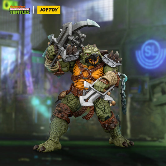 oyToy TMNT Tokka 1/18 scale action figure with weapons, accessories, and display stand