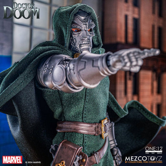 Mezco One:12 Collective Doctor Doom 1/12 scale Marvel action figure reissue with metal armor and light-up harness