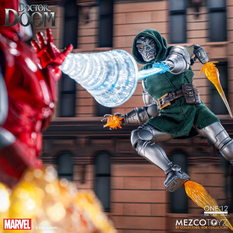 Mezco One:12 Collective Doctor Doom 1/12 scale Marvel action figure reissue with metal armor and light-up harness