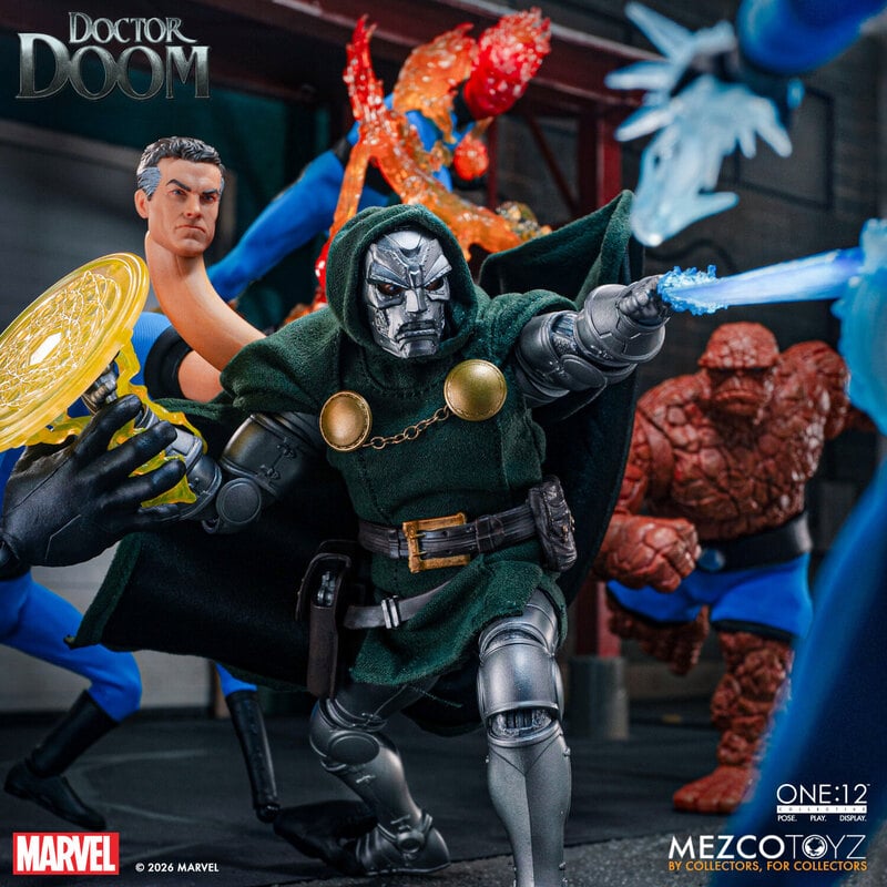 Mezco One:12 Collective Doctor Doom 1/12 scale Marvel action figure reissue with metal armor and light-up harness