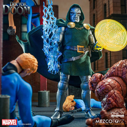 Mezco One:12 Collective Doctor Doom 1/12 scale Marvel action figure reissue with metal armor and light-up harness