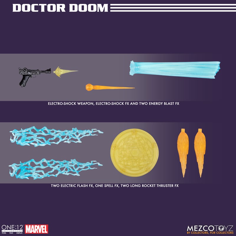 Mezco One:12 Collective Doctor Doom 1/12 scale Marvel action figure reissue Box content