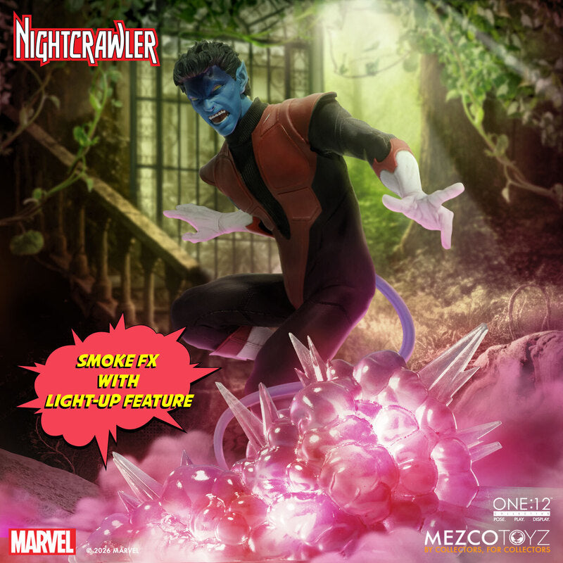 Mezco One:12 Collective Nightcrawler 1/12 scale Marvel X-Men action figure with soft goods costume, swords, and light-up teleport effect.