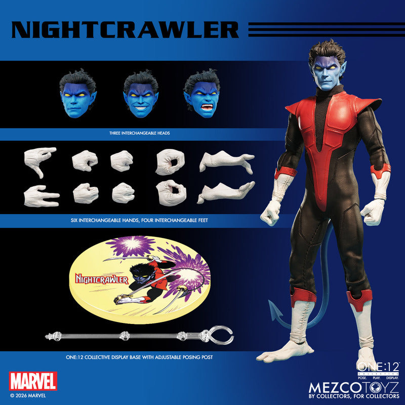 Mezco One:12 Collective Nightcrawler 1/12 scale Marvel X-Men action figure with soft goods costume, swords, and light-up teleport effect. Box content