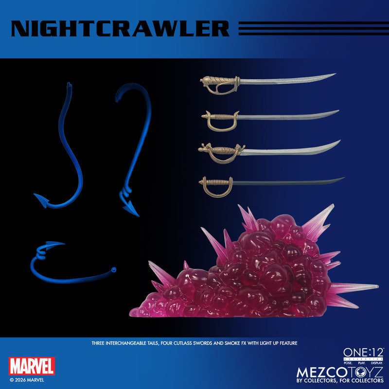 Mezco One:12 Collective Nightcrawler 1/12 scale Marvel X-Men action figure with soft goods costume, swords, and light-up teleport effect. Box content