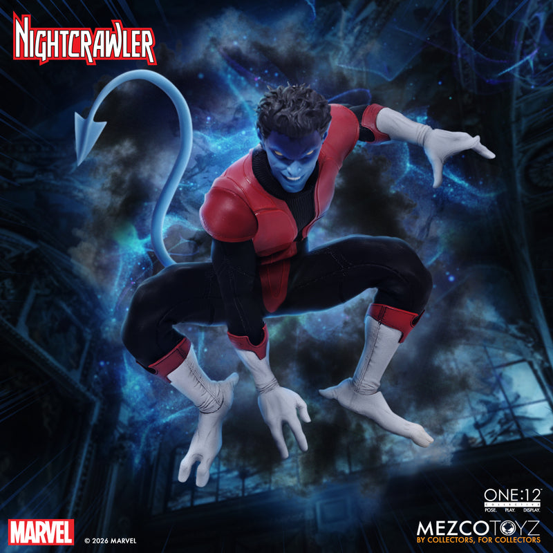 Mezco One:12 Collective Nightcrawler 1/12 scale Marvel X-Men action figure with soft goods costume, swords, and light-up teleport effect.