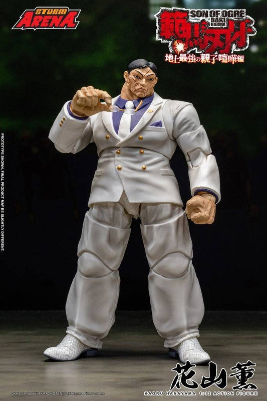 Storm Arena Baki Hanma Son of Ogre Kaoru Hanayama 1/12 Scale Action Figure with interchangeable heads, hands, glasses, effect part, and display stand.