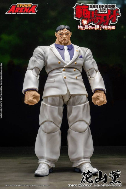 Storm Arena Baki Hanma Son of Ogre Kaoru Hanayama 1/12 Scale Action Figure with interchangeable heads, hands, glasses, effect part, and display stand.