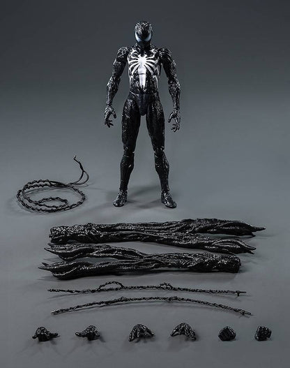 threezero DLX Marvel's Spider-Man 2 Spider-Man Symbiote Suit Peter Parker 1/12 Scale Action Figure Box content