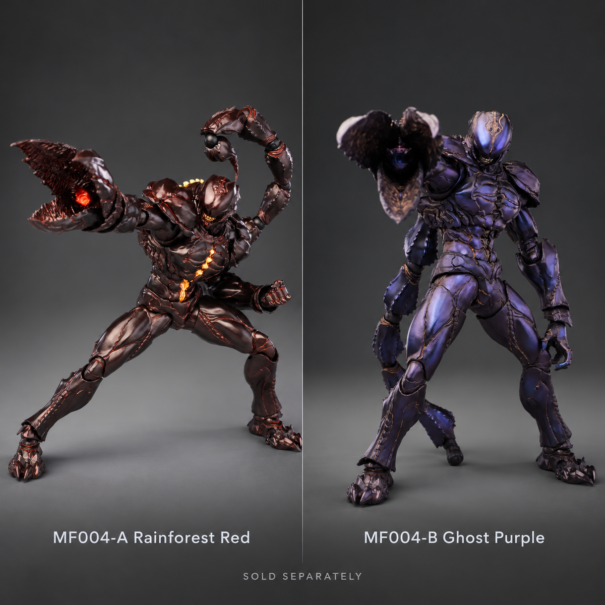 Mirrfig Plague MF004-A Rainforest Red and MF004-B Ghost Purple side by side, sold separately