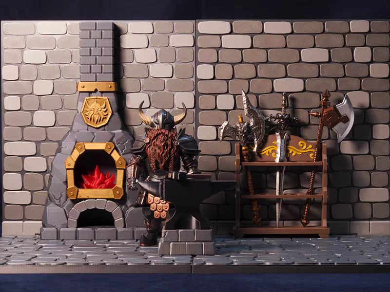1/12 Scale Grey Brick Dungeon Scene Black Smith Weapon Shelf Diorama