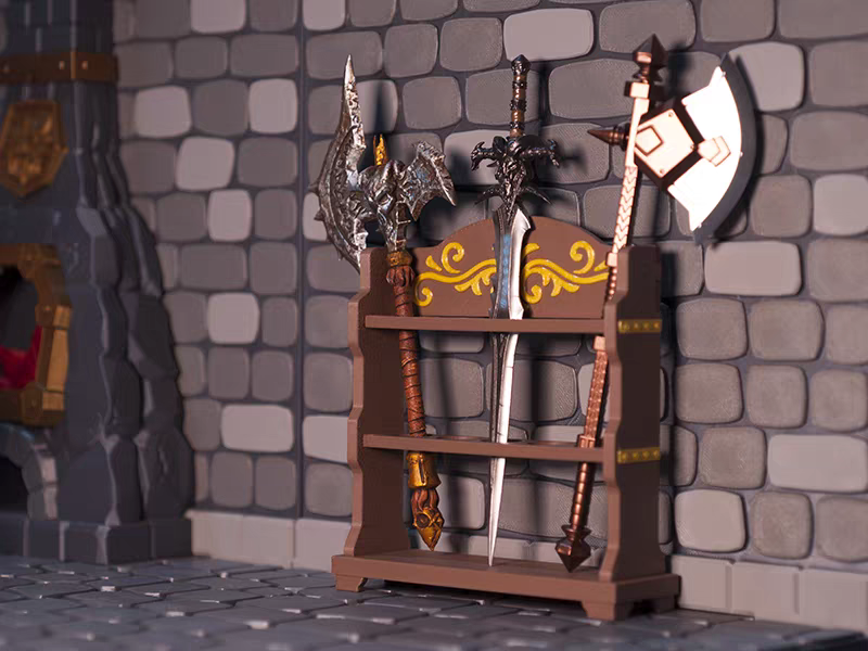 1/12 Scale Grey Brick Dungeon Scene Black Smith Weapon Shelf Diorama