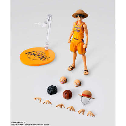 S.H.Figuarts ONE PIECE NBA Monkey D Luffy Los Angeles Lakers version action figure with basketball and stand Box content
